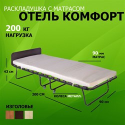 Раскладушка с матрасом ОТЕЛЬ Комфорт (200x90x43см) ВЕНГЕ, ОРЕХ, ДУБ - металл.  колеса - фото 134616